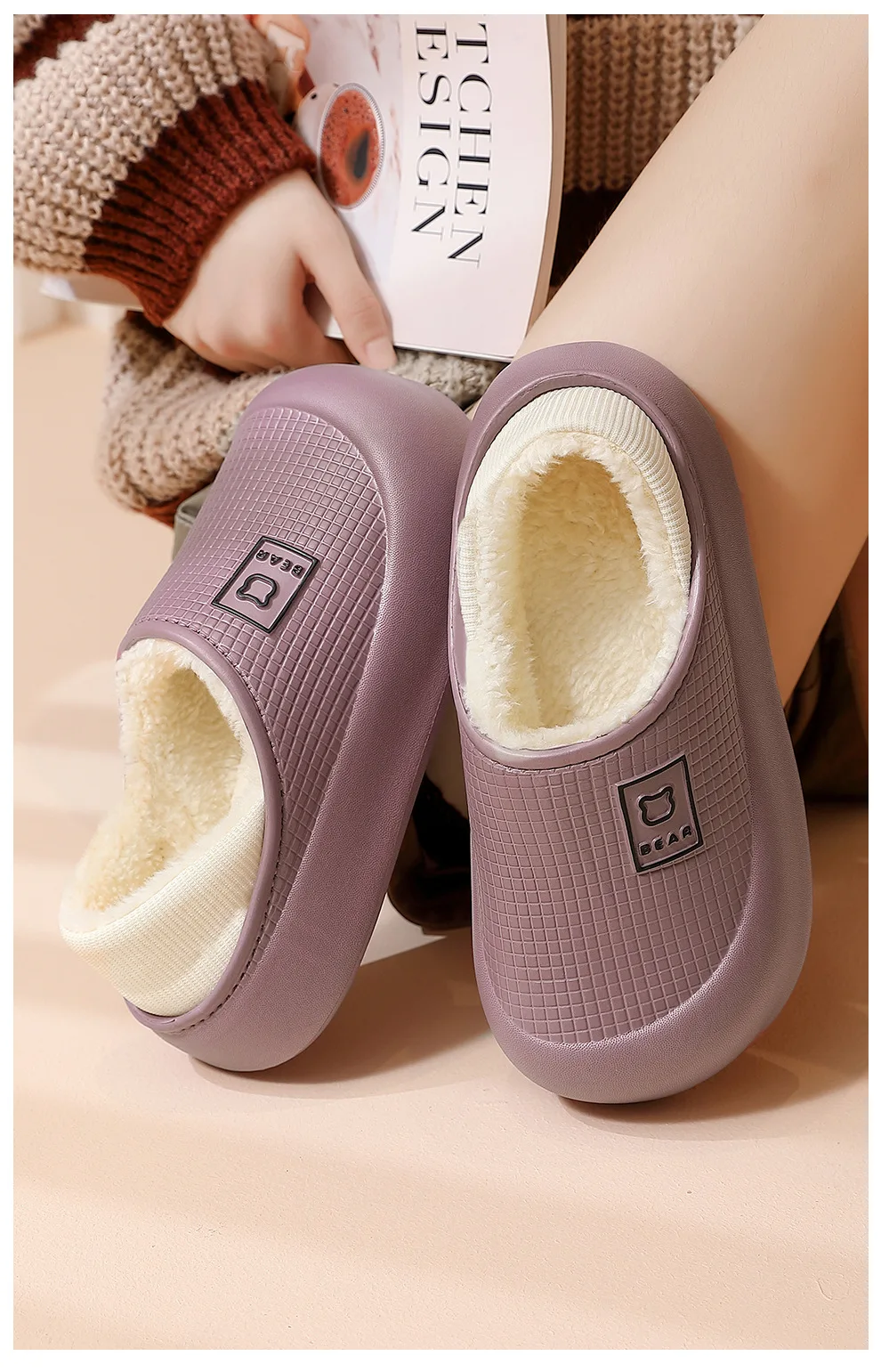 Shevalues Winter-Plüschfutter, Damen-Baumwoll-Hausschuhe, Plattform-Innenrutschen, pelzige, warme Home-Rutschen, wasserdichte, rutschfeste Hausschuhe – Detail 8
