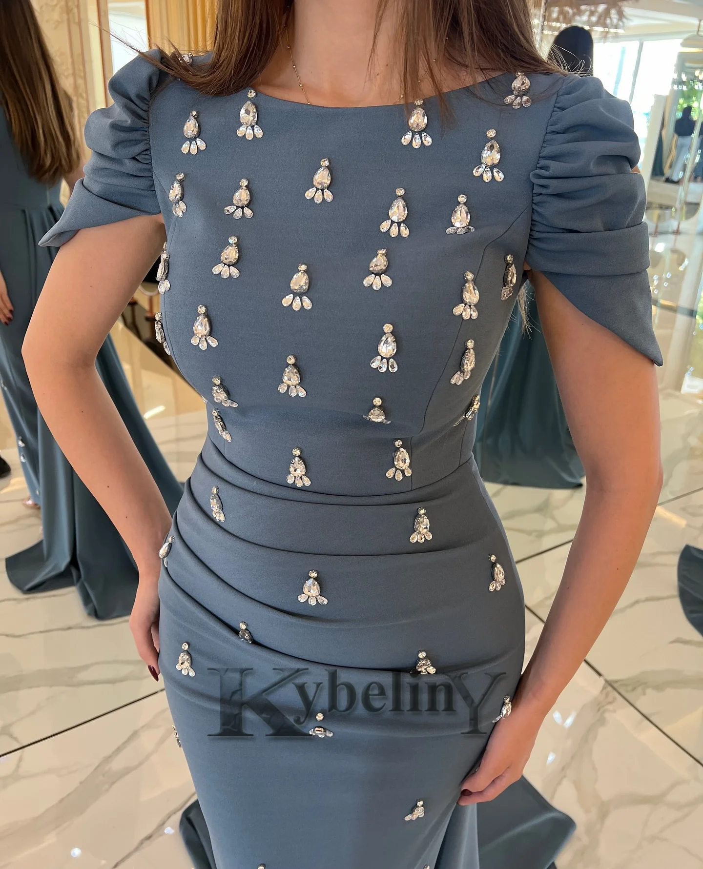 Prom Dresses for Woman Crew Neck Rhinestones Pleats Mermaid Satin Customized