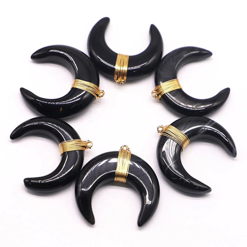 Free Shipping Natural Black Agate Moon Pendant Horn Semi-precious Stone Necklace Diy Charm Jewelry Accessories Wholesale 3Pc/Lot