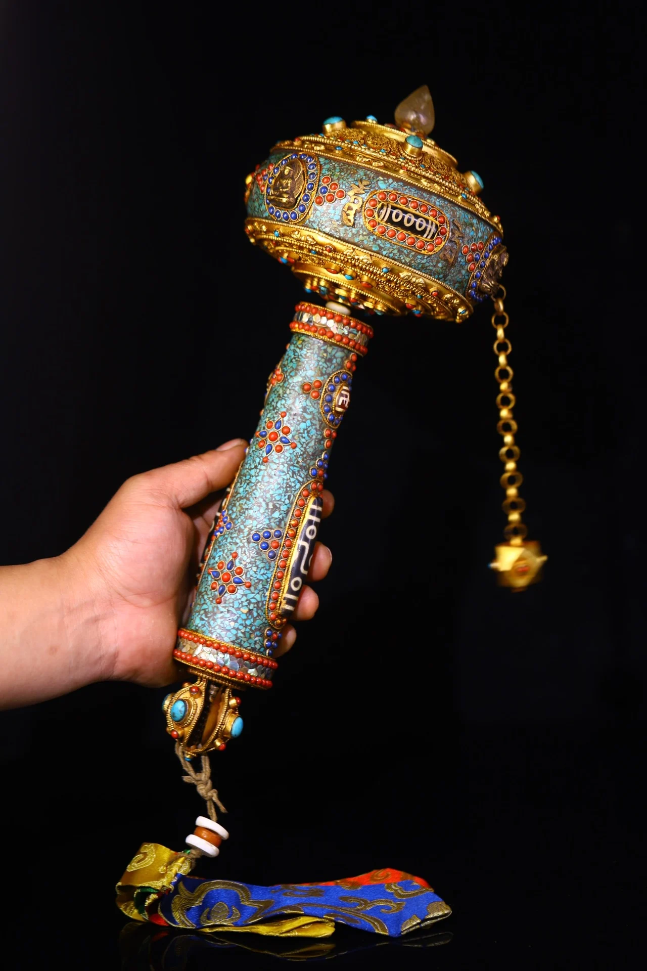 

14"Tibetan Temple Collection Old Tibetan Silver Crystal Mosaic Gem gZi Beads Shell Buddha Wheel Prayer Wheel Old Scripture