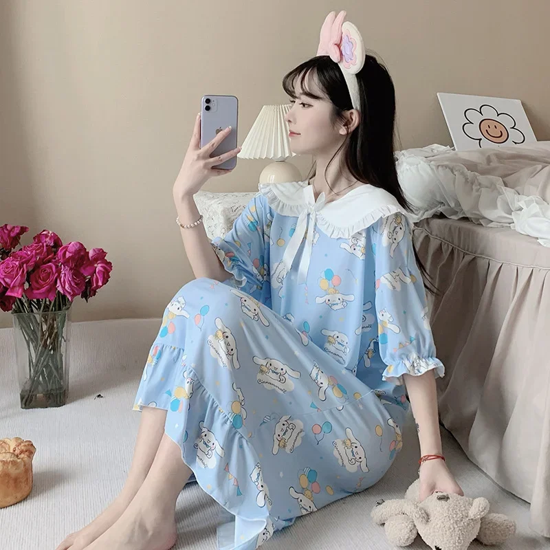 Anime Sanrioed My Melody Cinnamoroll Kuromi Cute Girl Home Clothes Pajama  Skirt Kawaii Cartoon Loose Comfortable Nightdress