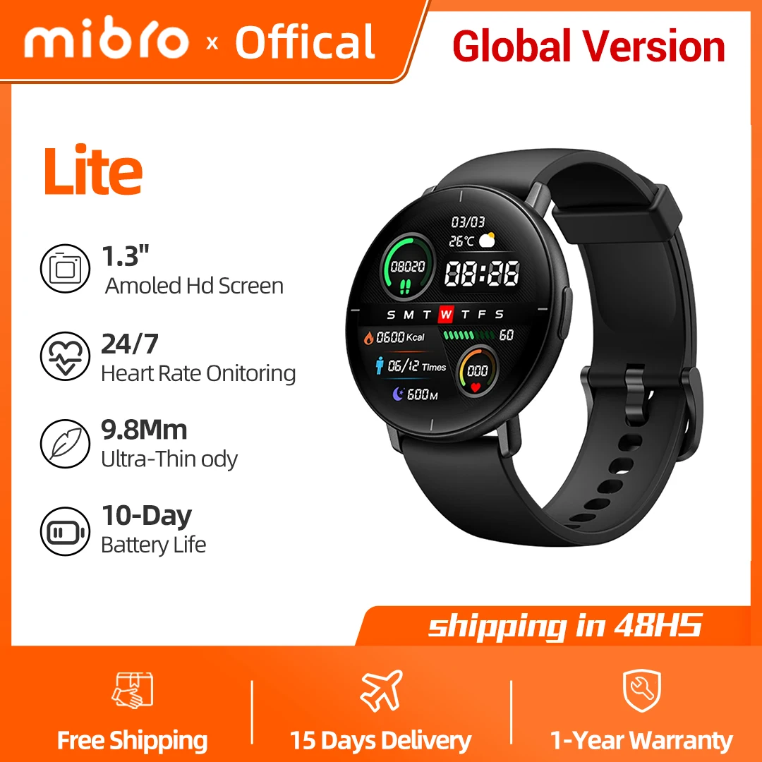 Mibro Lite Smartwatch versão global 1,3 polegadas AMOLED HD Display IP68 à prova d'água App Control Monitoramento de Fitness Bluetooth Relógio