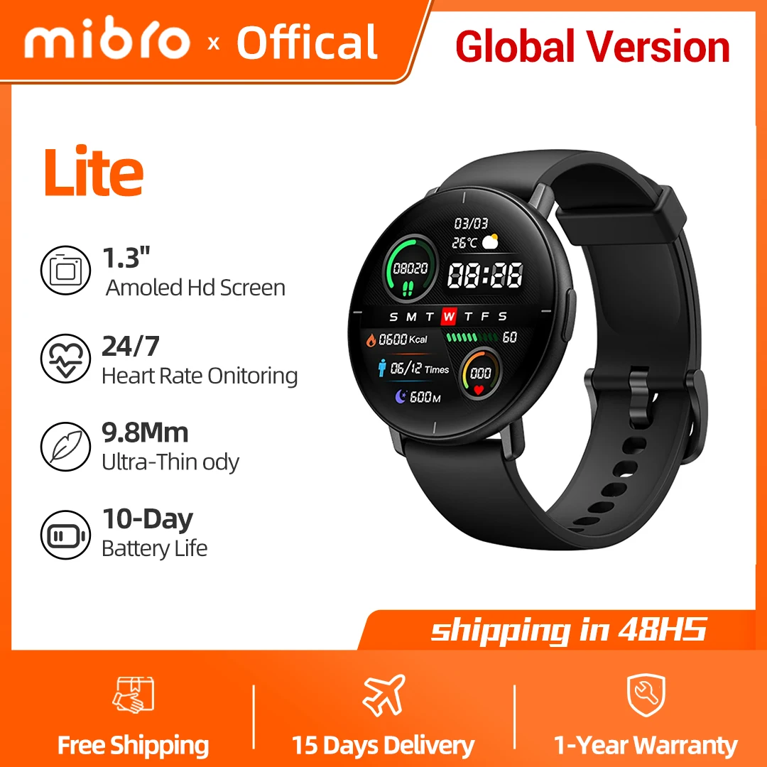 

Mibro Lite Smartwatch Global Version 1.3Inch AMOLED HD Display IP68 Waterproof App Control Fitness Monitoring Bluetooth Watch