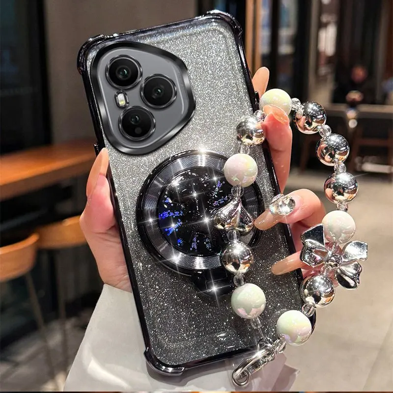 Shockproof Glitter Plating Phone Case with Pony Bracket and Beaded Bracelet