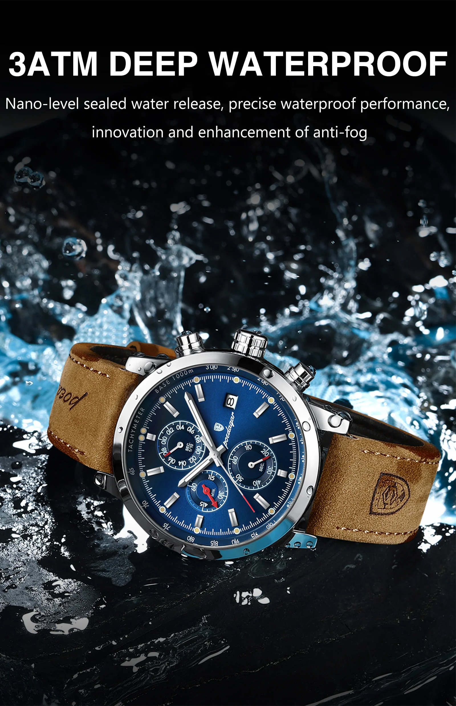 POEDAGAR Funktionale Herren-Armbanduhr mit Datum, wasserdicht, leuchtend, Chronograph, Leder, Quarz, Militäruhr + Geschenkbox_voghion.com