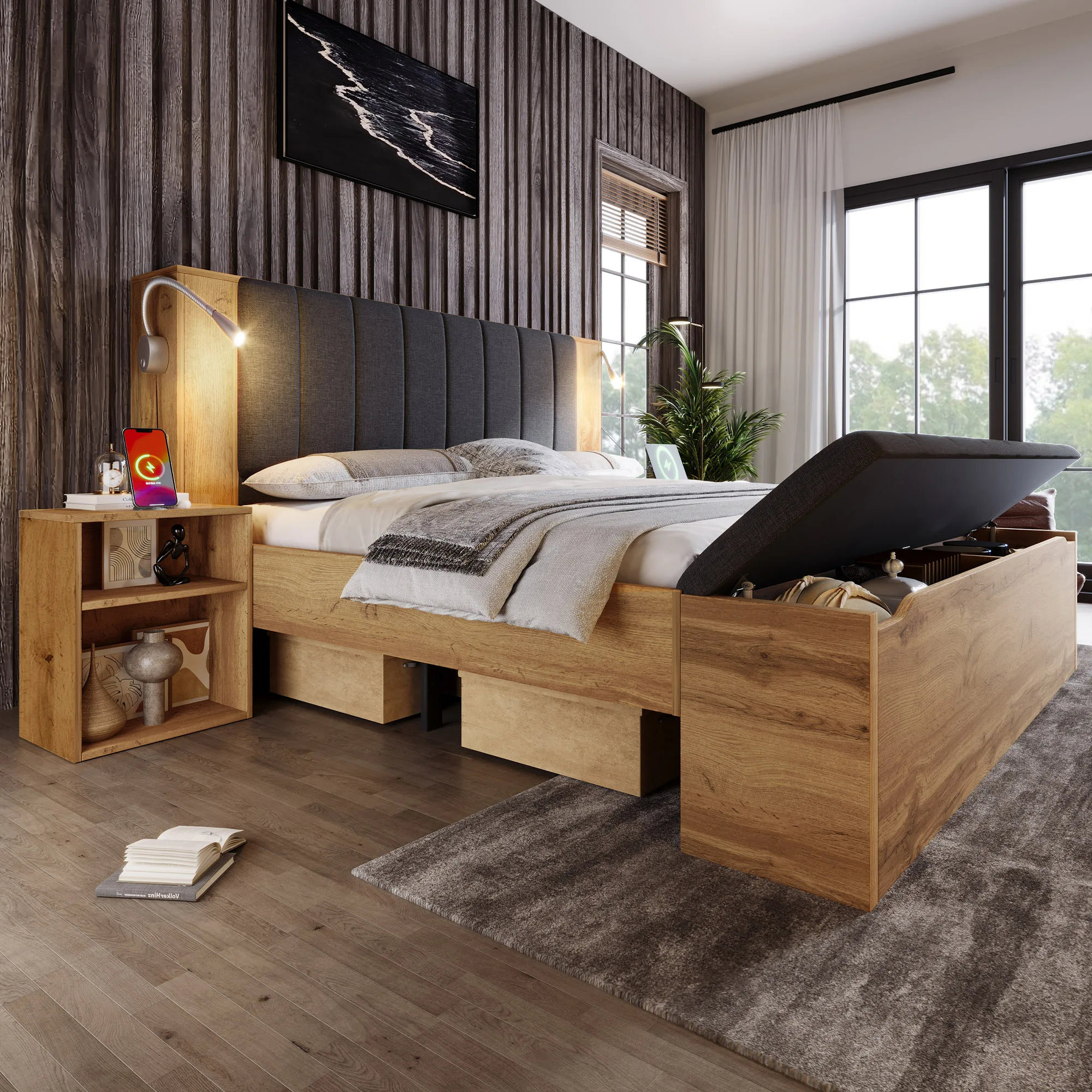 Doppelbett 160 x 200 cm mit Kopfteil aus Leinenstoff, ausklappbarem Kopfteil, Nachttischen mit Stauraum, Bank, USB-Lampen, Lattenrost aus Eichenholz – Detail 12