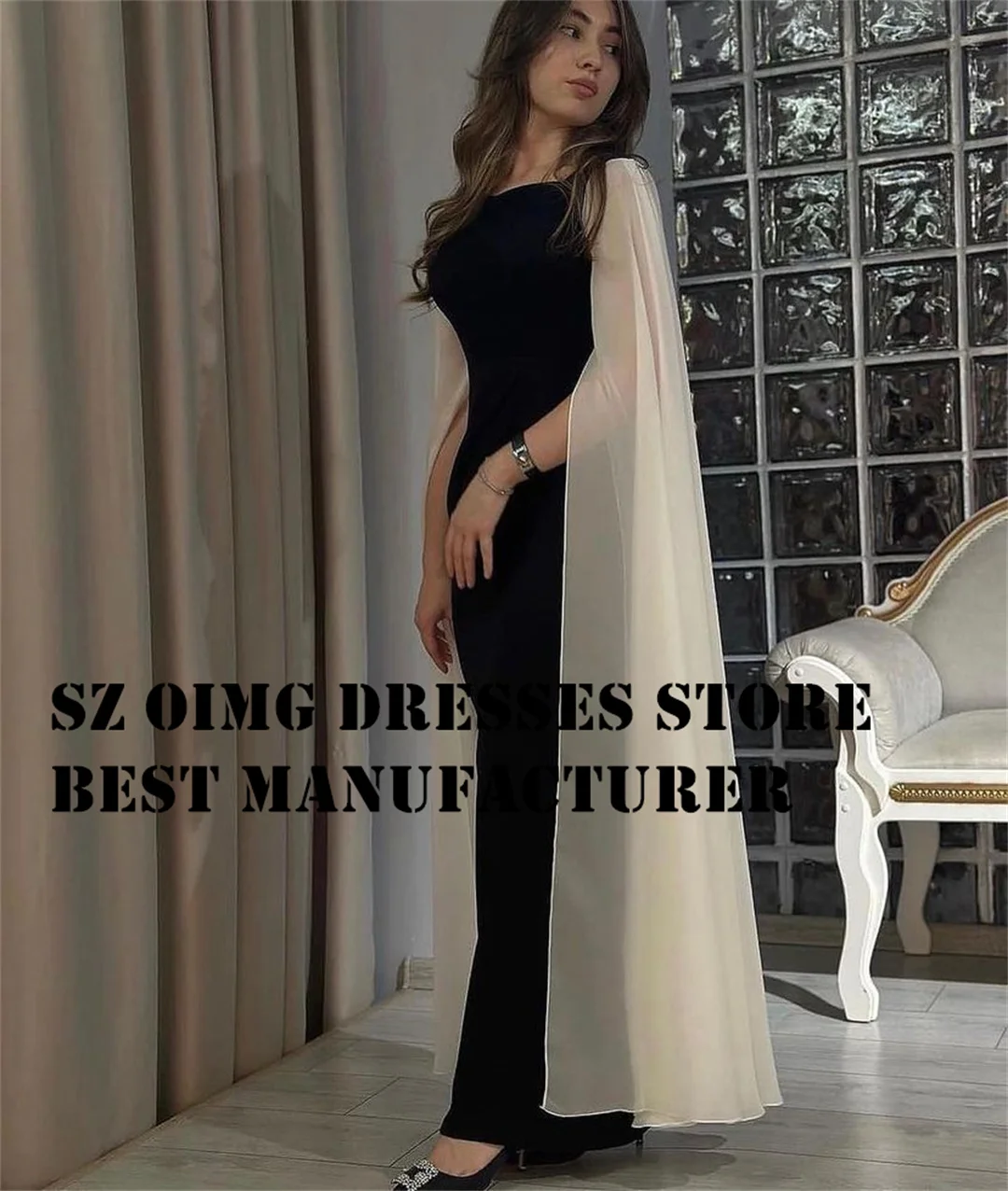 

OIMG Elegant Mermaid Simple Prom Dresses Cape Sleeves Ruched Square Neck Chiffon Women Evening Gowns Formal Party Dress