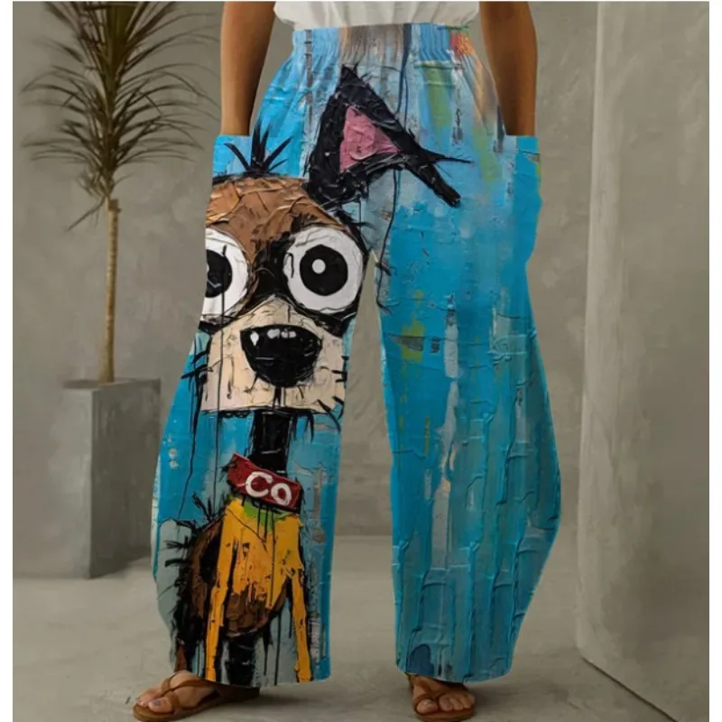 Damen Kawaii Hunde Muster Lässige Hose mit weitem Bein Vintage Farbe Beagle Sommerhose Lustige weiche lockere klassische Hose mit großen Taschen – Detail 5