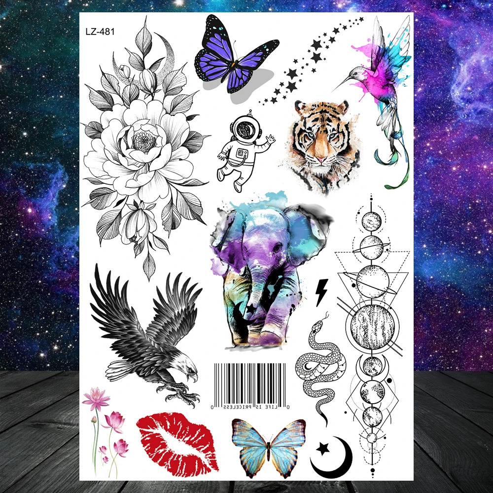 Creative Space Temporary Tattoos For Men Women Astronaut Planets Fake Chains Tattoos Temporary Black Mountain DIY Tatto Geometric