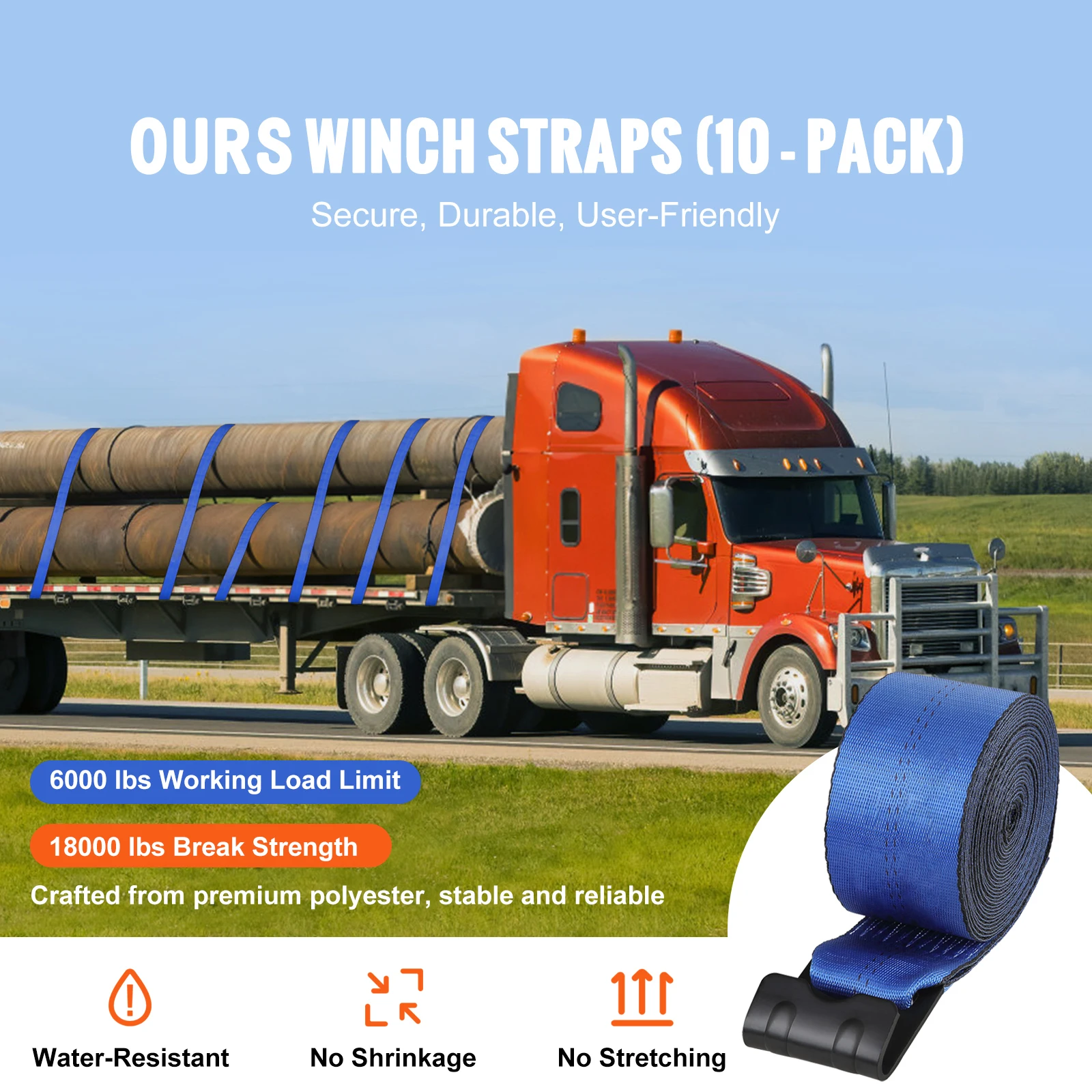 SucceBuy 30/40ft Winch Truck Straps with Flat Hook Flatbed Tie Downs Cargo Control for Trailers Towing Farms Rescues Tree Saver
