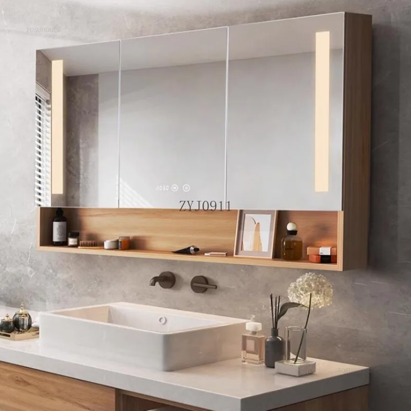 Simple Solid Wood Smart Bathroom Cabinet with Mirror Modern Wall-mounted Bathroom Mirror Storage Cabinet Home Furniture