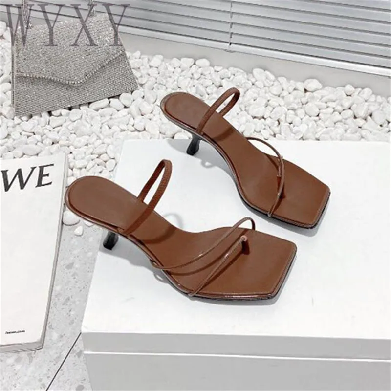 

Summer New Clip-toe Sandals Narrow Band Ladies Square Toe Kitten Heel Genuine Leather Fashion Simple High Heel Slippers Women