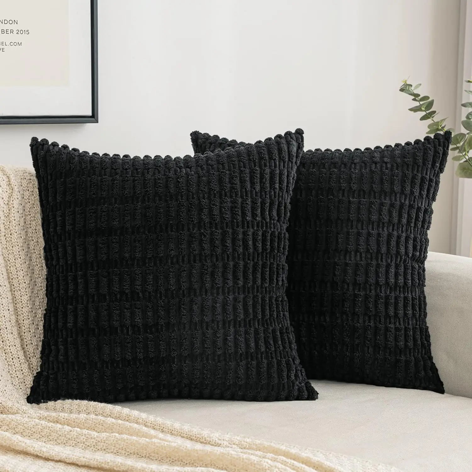 Black Corduroy Throw Pillow Cover 18x18 Inch Soft Striped Cushion Cover Square Cushion Case Pillow Cotton Cover White Pillowcase 1