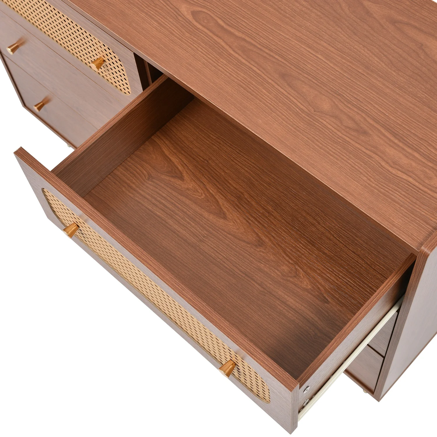 Rattan Sideboard Highboard Walnut Tree H90/B120/T40 cm Chest of Drawers with 6 Drawers Wooden Furniture for Bedroom Living Room