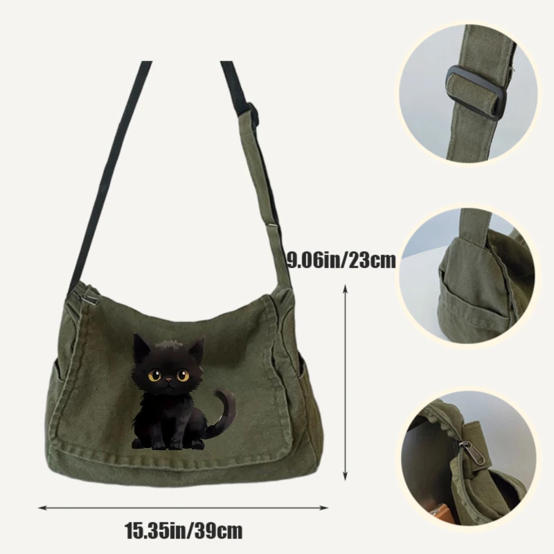 Black Cat Print Women's Crossbody Bag Multiple Pockets Fashion Canvas Shoulder Bag Female Laptop Bag Commuting