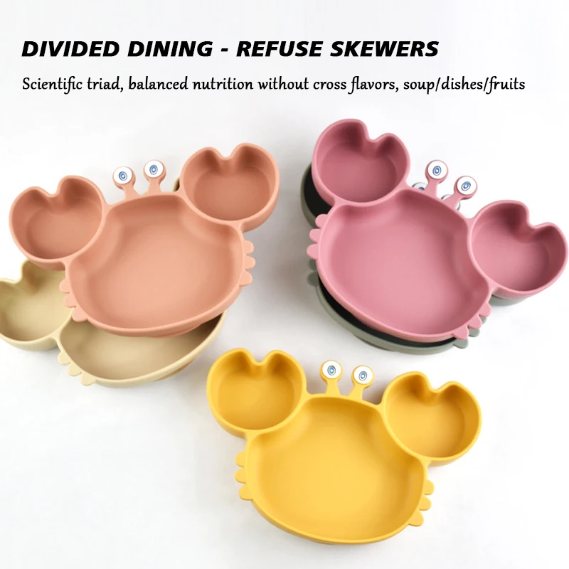 4Pcs/Set Baby Safe Silicone Dining Plate Cartoon Crab Bowl And Stainless steel Fork Spoon Children Fall Prevention Tableware Set 5