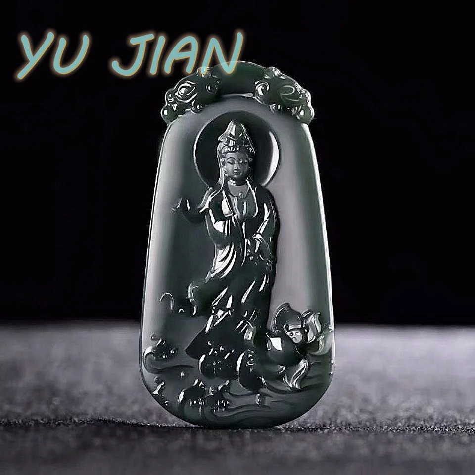 

Hot Selling Natural 7A Hetian Green Jadeite Chain Guanyin Hand Carved Pendants Cecklace Brand Men Women Real Jade Fine Jewelry