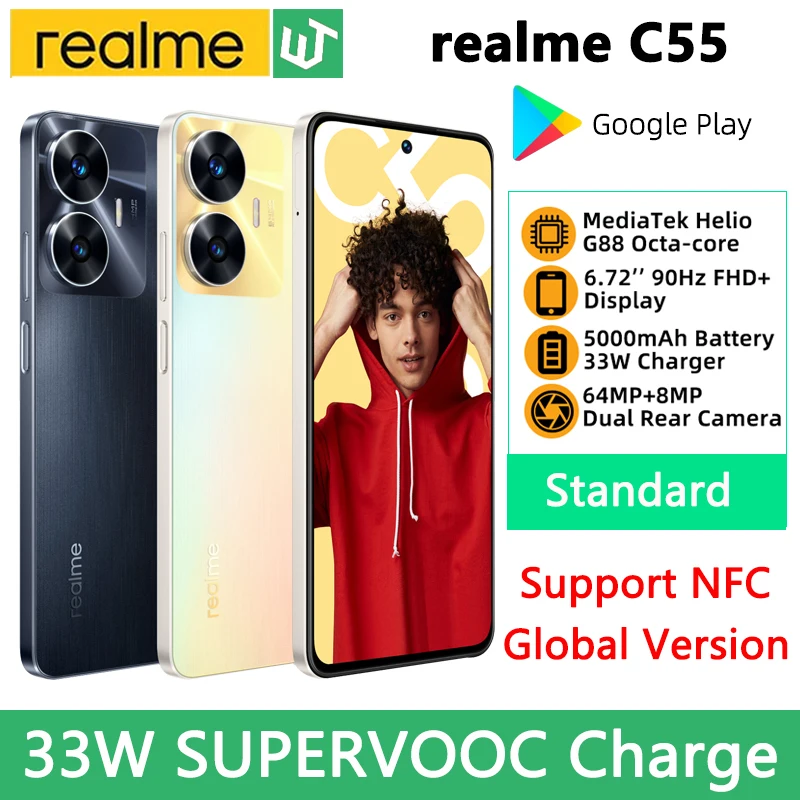  Global Version realme C55 6.72" 90Hz FHD+ Screen Mobile Phone MediaTek Helio G88 64MP AI Camera Smartphone 5000mAh Battery 33W 