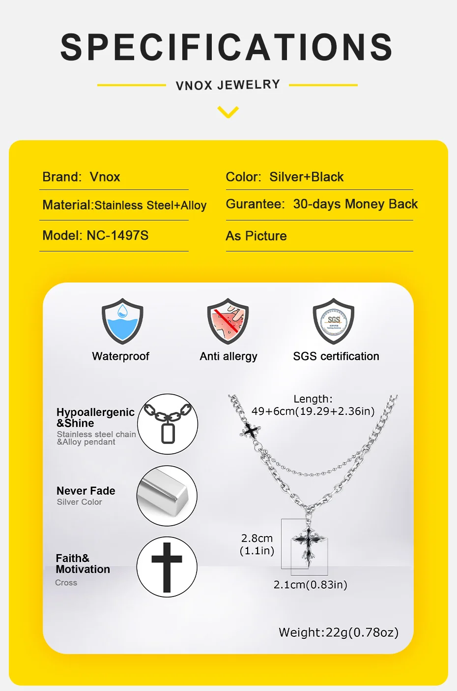 Vnox Flüssige Lava-förmige Kreuz-Halsketten für Männer und Frauen, Gothic Hiphop kubanischer Kettenkragen, schwarzer dunkler Kreuz-Anhänger-Schmuck – Detail 5