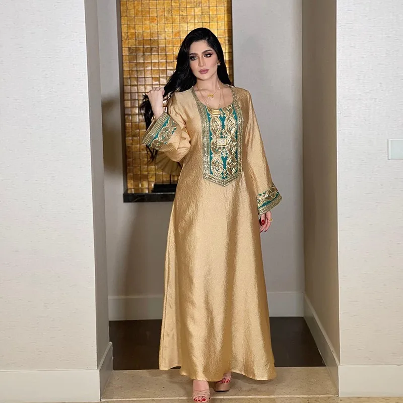 New Abaya Gold Silk Embroidered Sequins Middle East Muslim Robe Dress muslim dress women  kaftan  abaya dress