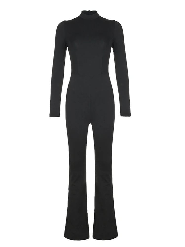 Sibybo Long Sleeve Jumpsuits Basic Solid Color Half-high Collar Boot Cut Pant Fashion Skinny Rompers Sports Fitness Yoga Clothes