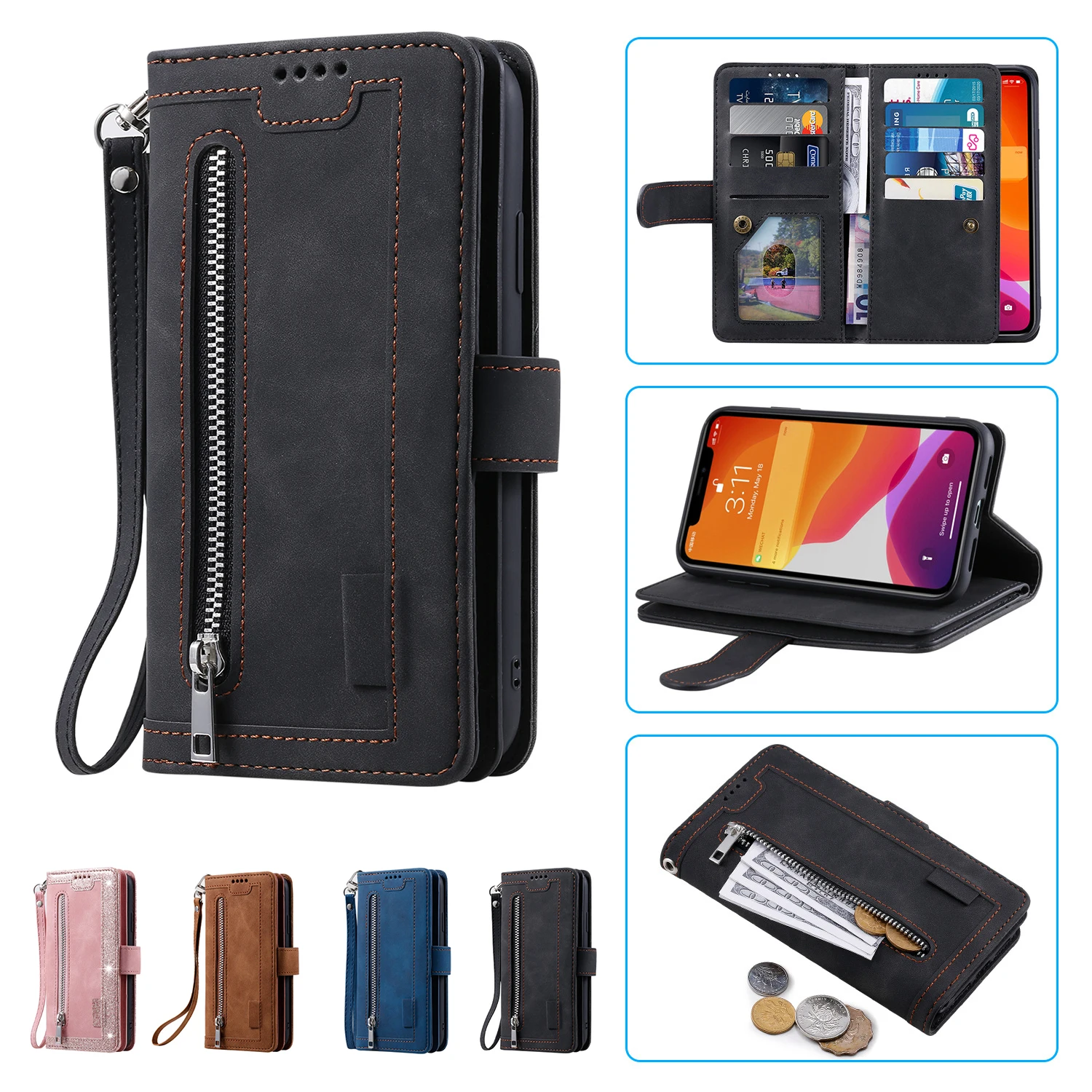 Retro Leather Zipper Wallet Case with Lanyard Wrist Strap and Multi-Card Slots