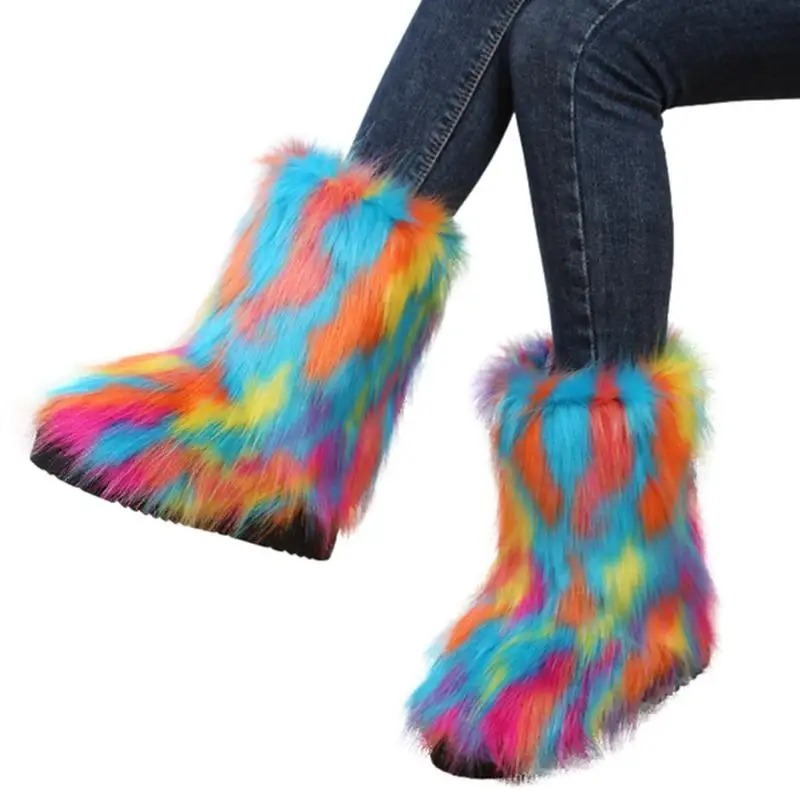 

Fluffy Faux Fur Boots Comfortable And Soft Mid-Calf Boots Outdoor Flat Shoes With Thermal Lining Faux Fur Boots Gift For Women