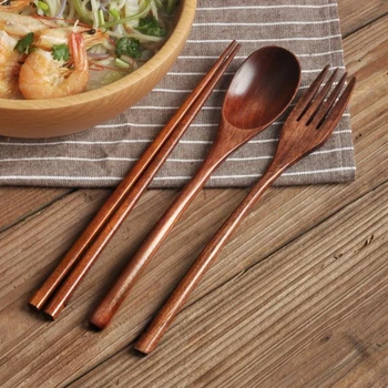Bacchette cucchiaio forchetta Posate portatili Set di posate in legno Set di posate ecologiche da viaggio Regali Utensili per set da cucina Sala da pranzo 1