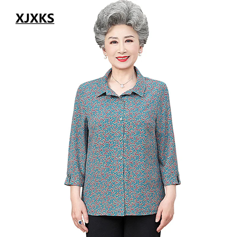 

XJXKS 2023 Spring Summer Autumn New Chiffon Seven-point Sleeve Women's Shirt Loose Oversize Tops Middle-aged Elderly Blouse