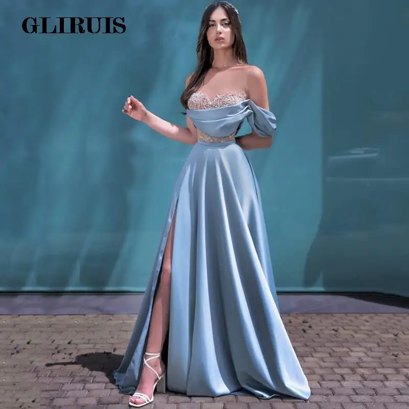 

Light Blue Prom Evening Dresses Sweetheart Satin High Split Party Dress Floor Length A-Line Lace Cocktail Gowns Custom Size