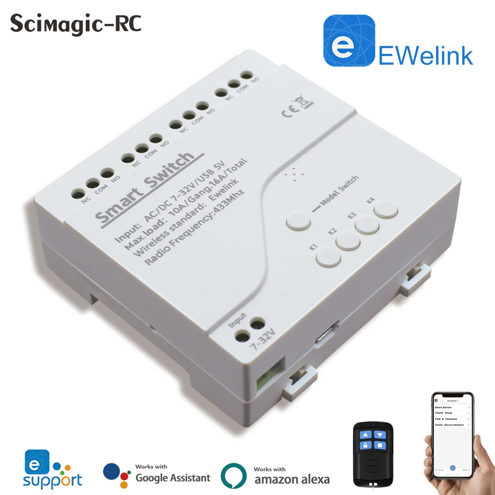 Ewelink Smart Wifi Switch 4 Channel Light Motor Garage House Home Automation Residential RF433 Relay Module 4CH Alexa Support