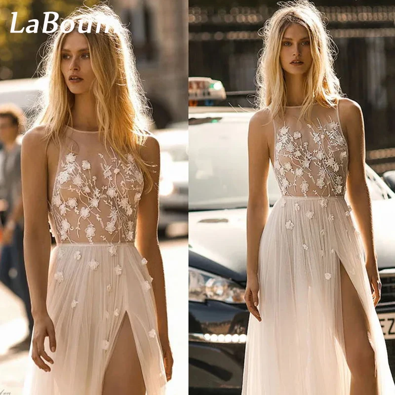 

LaBoum Beach Wedding Dresses A Line High Split Illusion Applique Flowers Lace Tulle Sweep Train Boho Bridal Gowns Vestidos Novia