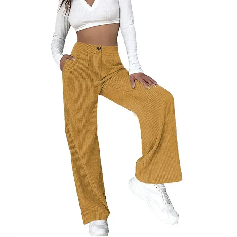 

Casual High Waist Pocket Corduroy Pants Women Straight Trousers Fashion Loose Pants Autumn Vintage Clothes Solid Pantalon 24398