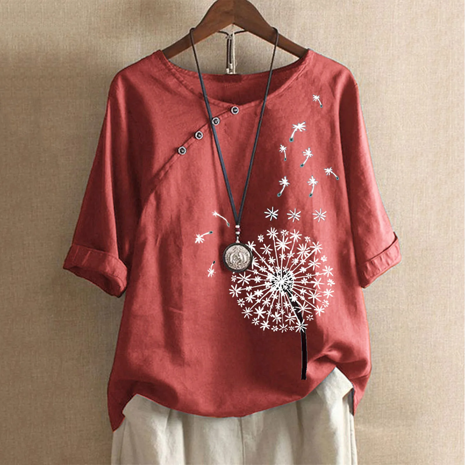 Plus Size 5XL Dandelion Print Women Blouses 2025 Summer Cotton Linen ...