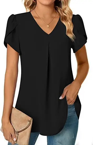 Elegantes Damen Top Bluse Blume 2024 Sommermode Einfachheit Kurzarm Solide V-Ausschnitt Pendler Büro Weibliches Hemd S-XXL