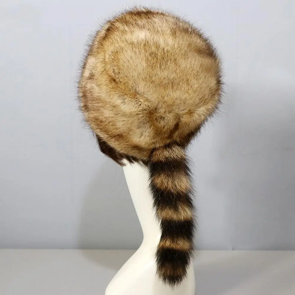 Winter Hat Faux Fur Raccoon Tail Russian Round Flat Top Ear Protection Thickened Autumn Winter Thermal Women Cap for Camping windproof winter hat