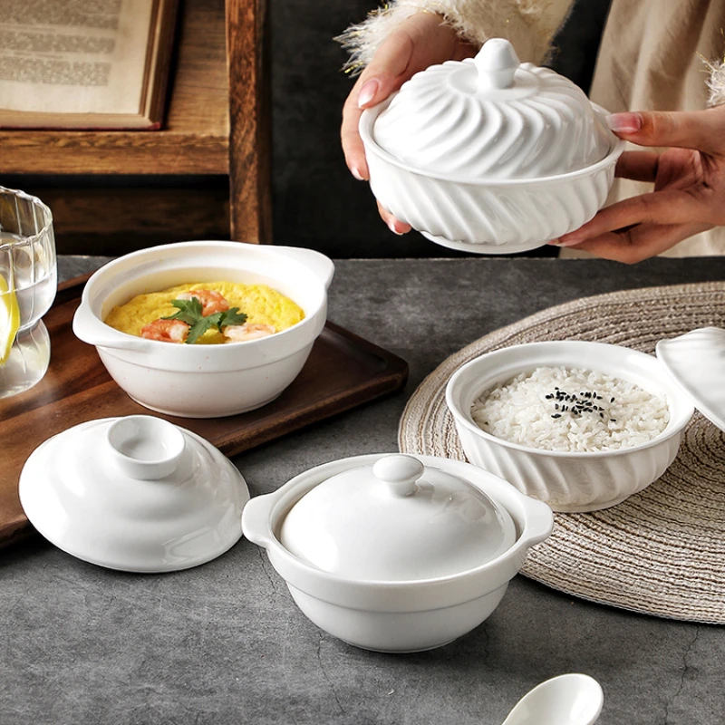 Ceramic steamed rice bowl, postpartum tableware, hotel restaurant with lid, fast food, steamed egg cup, commercial
