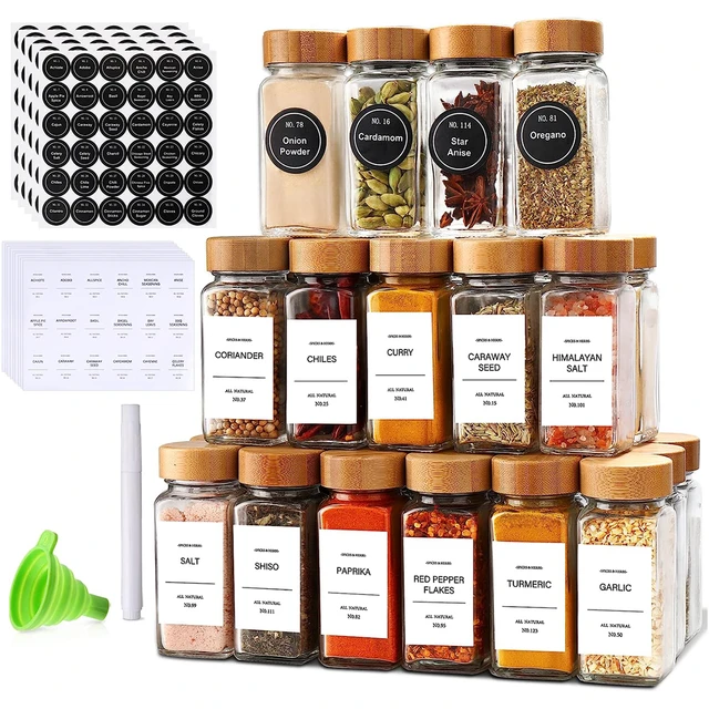 12 Piece- Eco-friendly Bamboo Lid Glass Spice Jar Set with 84-Minimalist  Pre-Printed Waterproof