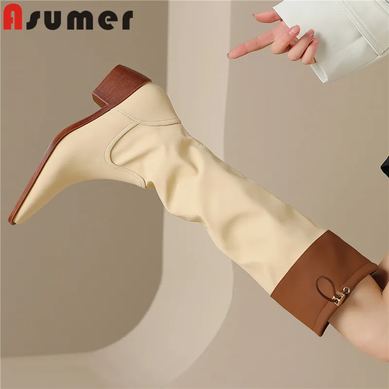 

ASUMER 2023 New Square Toe Ladies Mixed Colors Autumn Boots Genuine Leather Pleated Knee High Boots Square Med Heels Boots