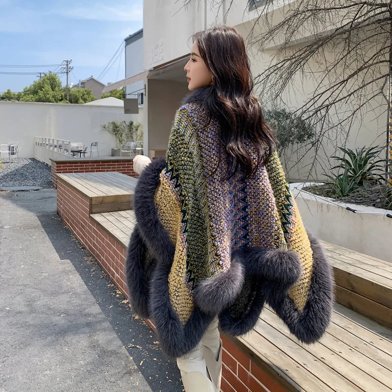 Novelty Vintage Fluffy Hollow Knit Cape Full Faux Fox Fur Trims