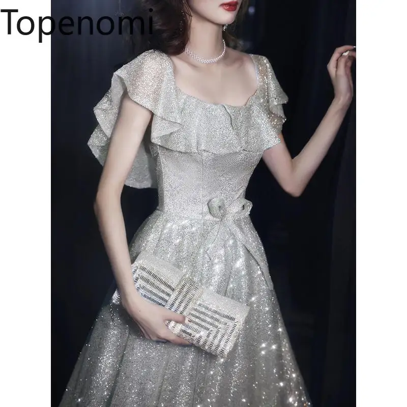 

Topenomi Silver Shiny Formal Evening Dress Women 2024 New Ruffled Boat Neck Waist Bow A-line Prom Gown Fairy Quinceanera Dresses