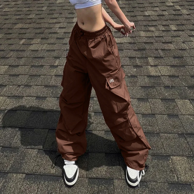

Women Casual Hippie Joggers Drawstring Baggy Trousers Big Pockets Casual Wide Leg Brown Cargo Pants Y2K Summer Female Clothes