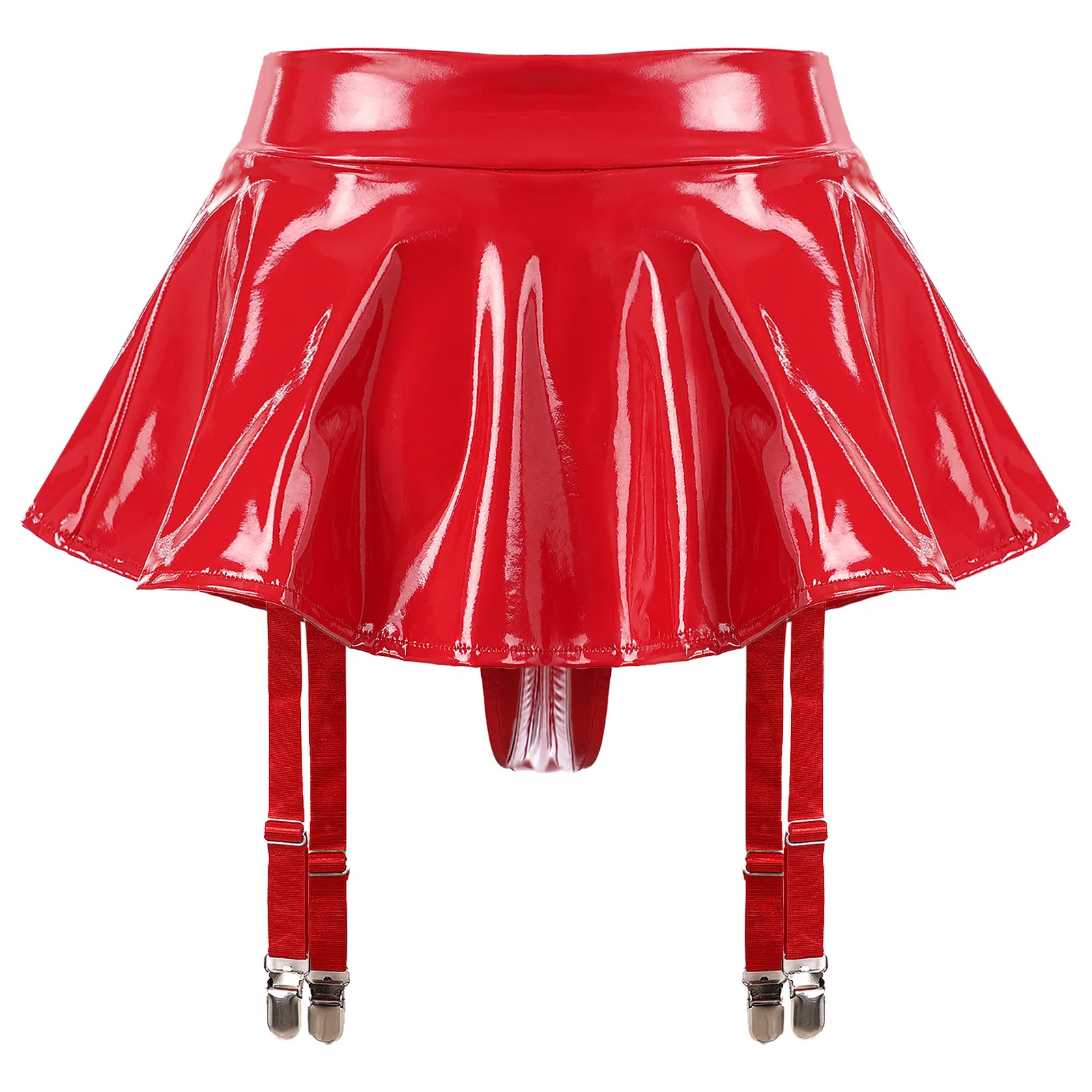 Sexy Womens Glossy Patent Leather Ruffle Mini Skirt Built-in Thongs Garter Belts Metal Clips Shorts Miniskirt Wet Look Clubwear 2