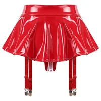 Sexy Womens Glossy Patent Leather Ruffle Mini Skirt Built-in Thongs Garter Belts Metal Clips Shorts Miniskirt Wet Look Clubwear 2