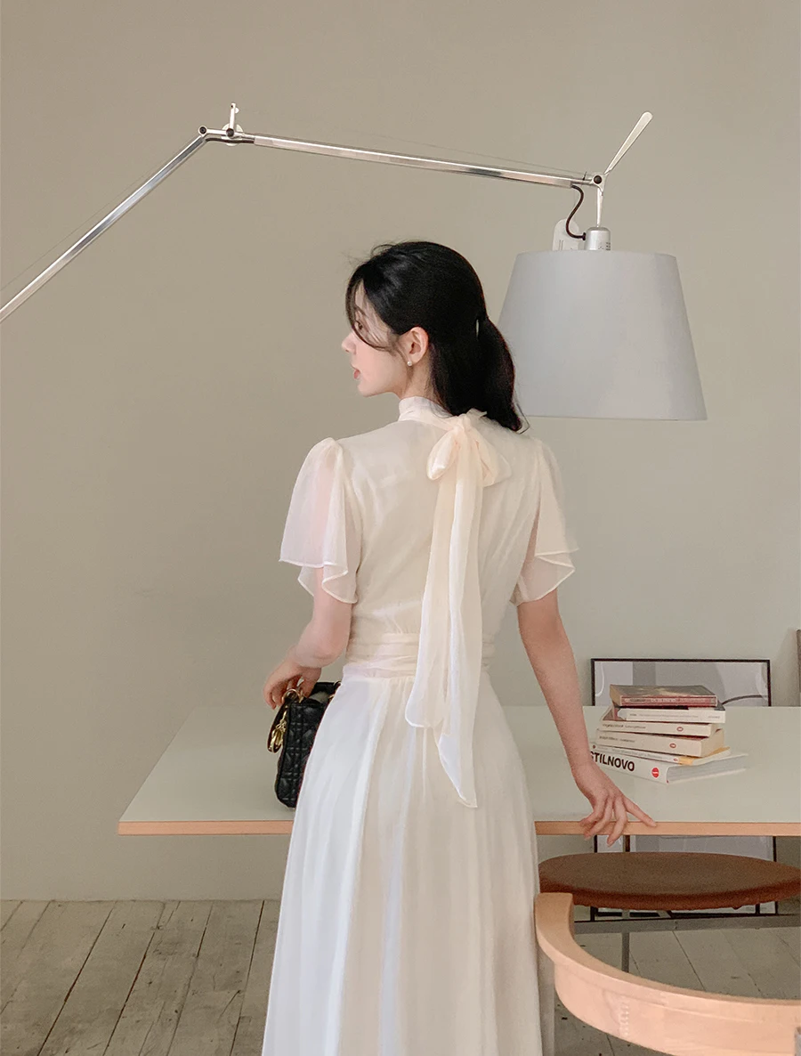 Elegant Solid Midi Dresses for Women Ruffles Half-high Collar A-line Office Lady Casual Korean Fashion Autumn Vestidos Mujer New