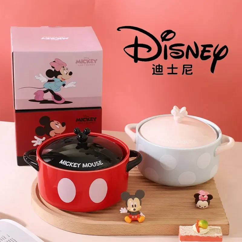 

2024 New Disney Animation Mickey Mouse Minnie Noodle Bowl With Cover Ceramic Binaural Household Bowl Large Capacity Cute Cutlery