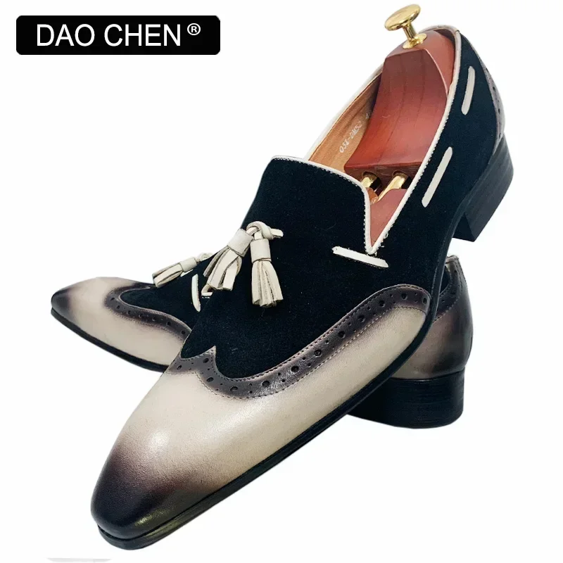 Italian Men Loafers Shoes Black Brown Mixed Color Wingtip Suede Casual Mens Dress Shoes Wedding Office Leather Shoes Men 3