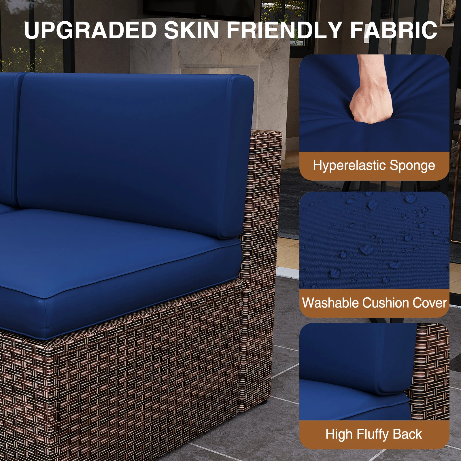 5-Piece Outdoor Patio Furniture Set,Sectional Wicker Rattan Conversation Set with Fire Pit Table-Small physiques- Blue