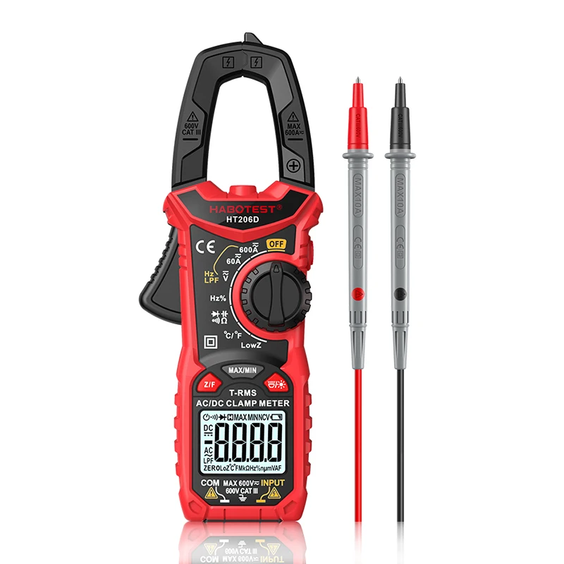 

HT206D/HT208D Digital Clamp Meter AC DC Current Two-color Backlight True RMS Capacitance Temperature NCV Voltage Tester