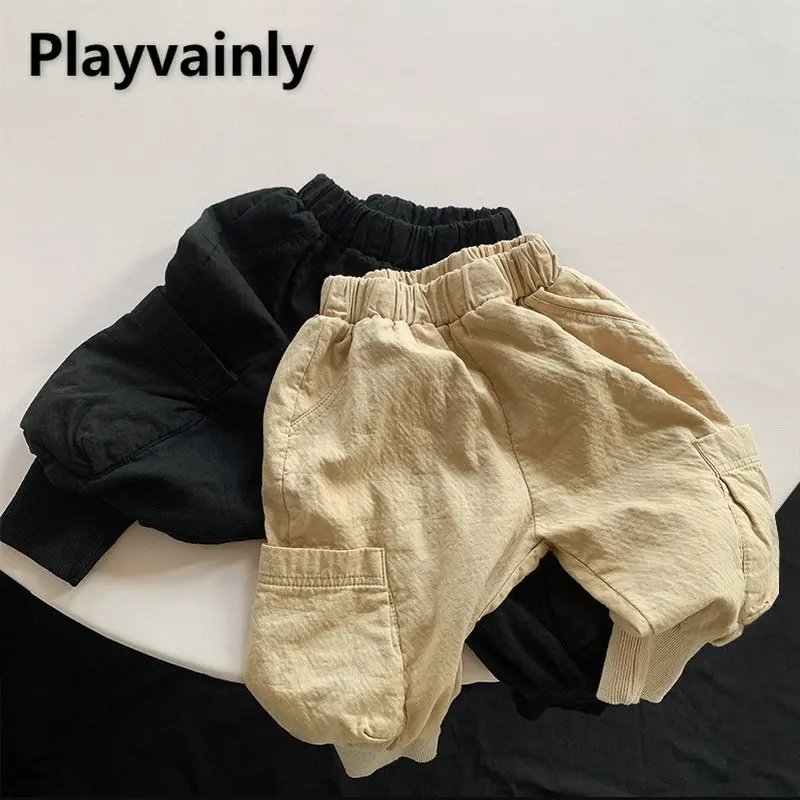 Autumn Baby Boy Girl Pants Double Cotton Solid Color Elastic Waist
